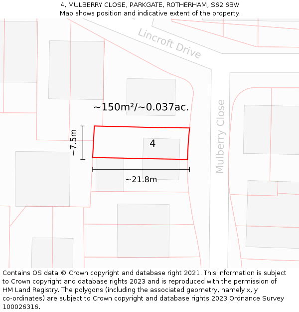 4, MULBERRY CLOSE, PARKGATE, ROTHERHAM, S62 6BW: Plot and title map