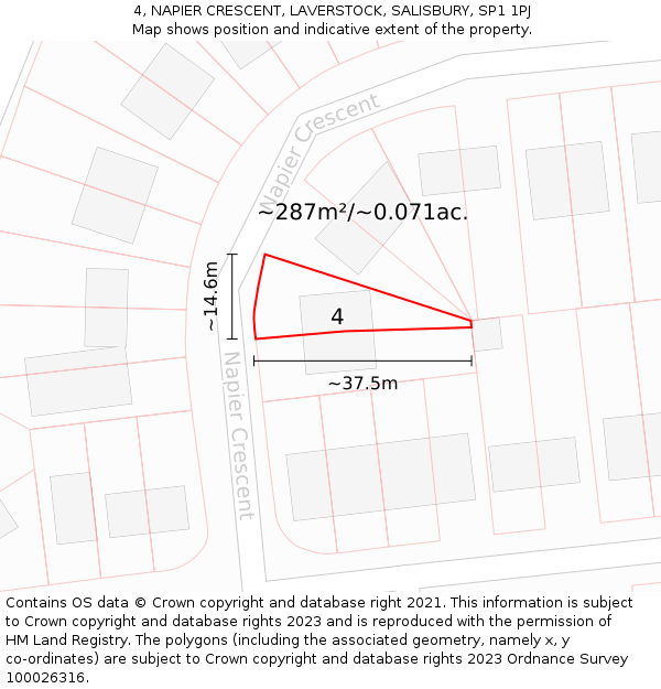 4, NAPIER CRESCENT, LAVERSTOCK, SALISBURY, SP1 1PJ: Plot and title map
