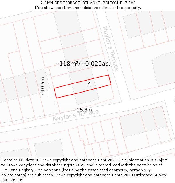 4, NAYLORS TERRACE, BELMONT, BOLTON, BL7 8AP: Plot and title map