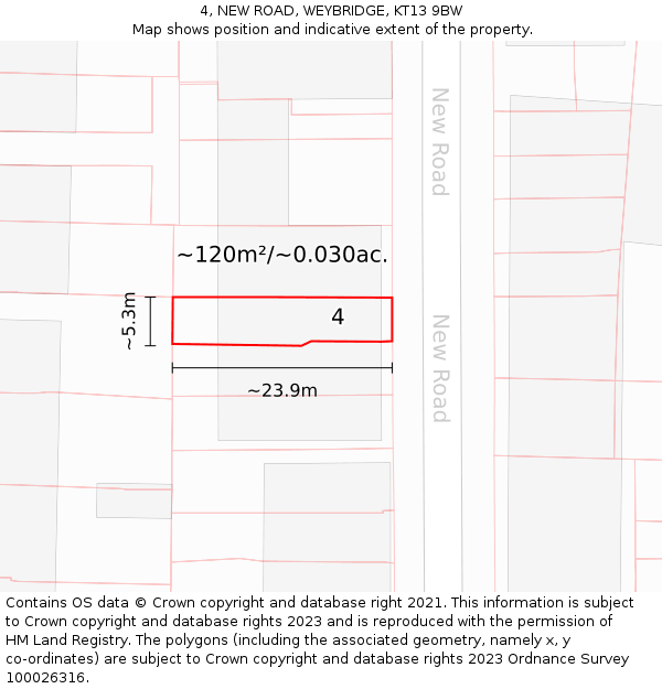 4, NEW ROAD, WEYBRIDGE, KT13 9BW: Plot and title map