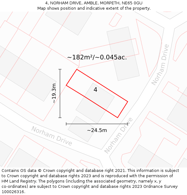 4, NORHAM DRIVE, AMBLE, MORPETH, NE65 0GU: Plot and title map