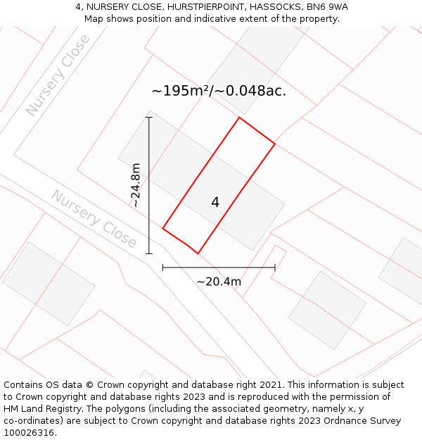 4, NURSERY CLOSE, HURSTPIERPOINT, HASSOCKS, BN6 9WA: Plot and title map