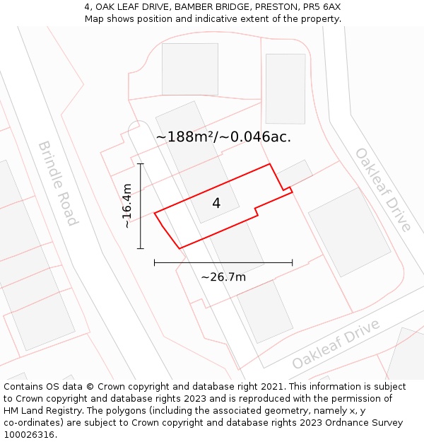 4, OAK LEAF DRIVE, BAMBER BRIDGE, PRESTON, PR5 6AX: Plot and title map