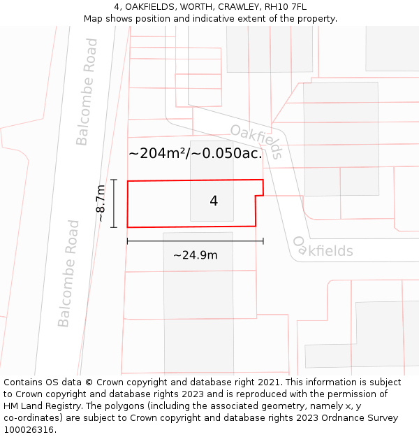 4, OAKFIELDS, WORTH, CRAWLEY, RH10 7FL: Plot and title map
