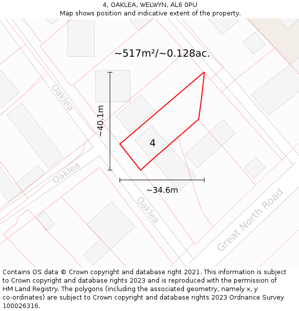 4, OAKLEA, WELWYN, AL6 0PU: Plot and title map