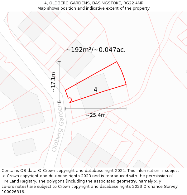 4, OLDBERG GARDENS, BASINGSTOKE, RG22 4NP: Plot and title map