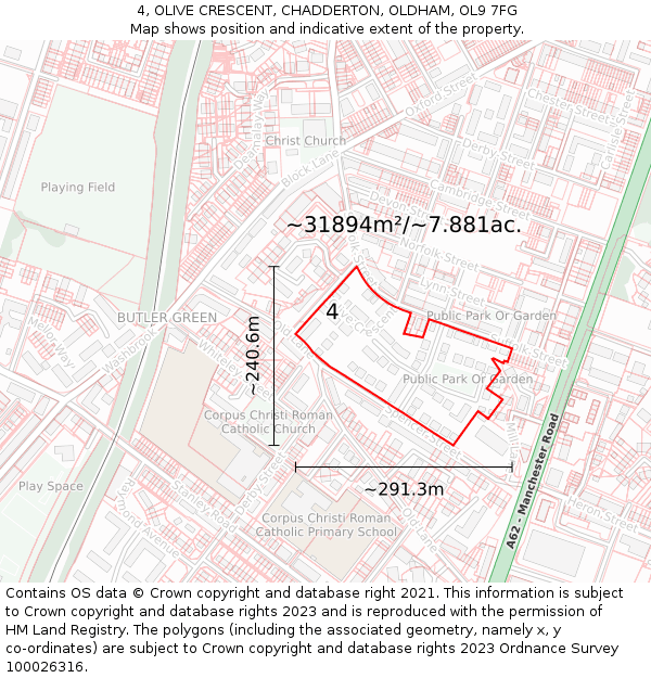 4, OLIVE CRESCENT, CHADDERTON, OLDHAM, OL9 7FG: Plot and title map