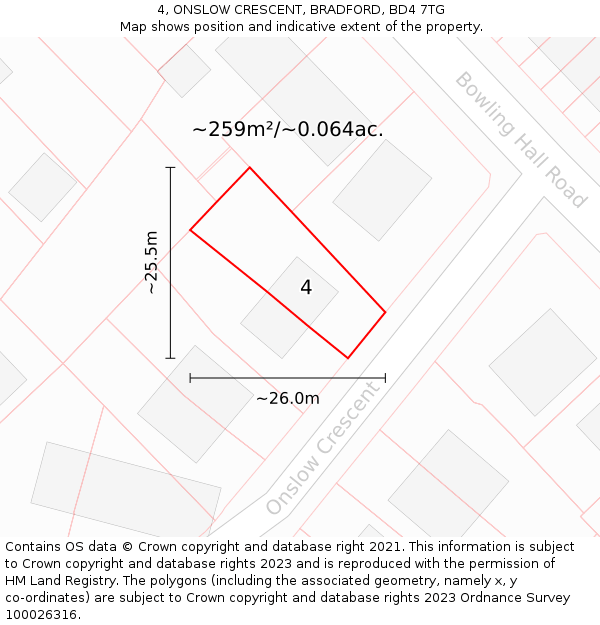4, ONSLOW CRESCENT, BRADFORD, BD4 7TG: Plot and title map