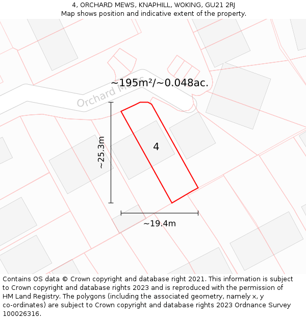 4, ORCHARD MEWS, KNAPHILL, WOKING, GU21 2RJ: Plot and title map