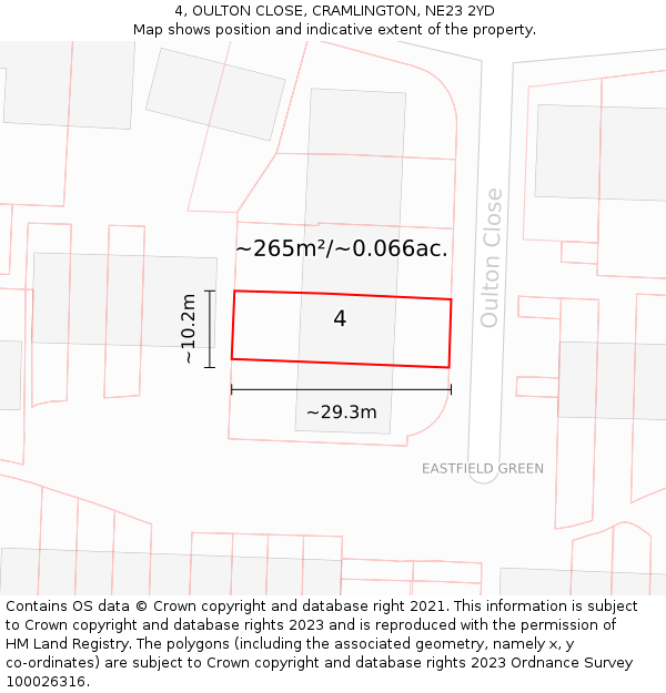 4, OULTON CLOSE, CRAMLINGTON, NE23 2YD: Plot and title map