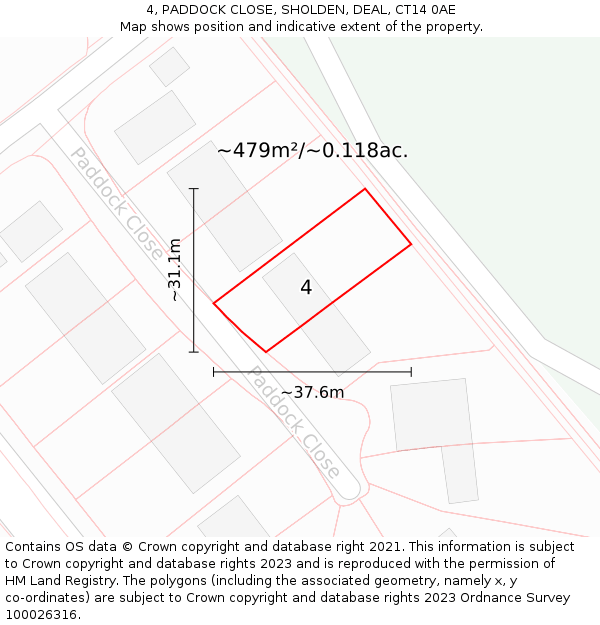 4, PADDOCK CLOSE, SHOLDEN, DEAL, CT14 0AE: Plot and title map