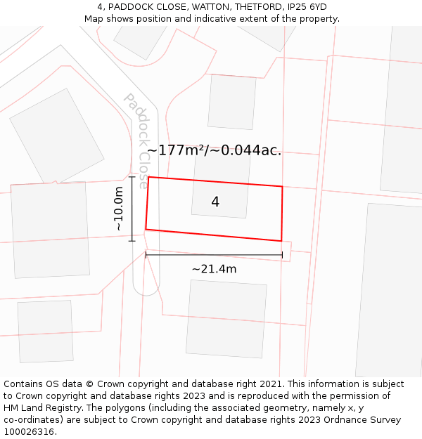 4, PADDOCK CLOSE, WATTON, THETFORD, IP25 6YD: Plot and title map