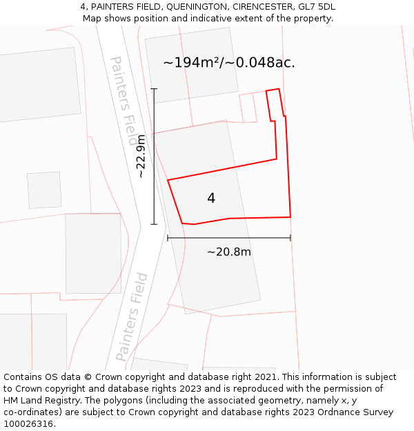 4, PAINTERS FIELD, QUENINGTON, CIRENCESTER, GL7 5DL: Plot and title map