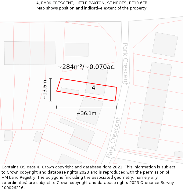 4, PARK CRESCENT, LITTLE PAXTON, ST NEOTS, PE19 6ER: Plot and title map