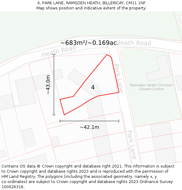 4, PARK LANE, RAMSDEN HEATH, BILLERICAY, CM11 1NF: Plot and title map