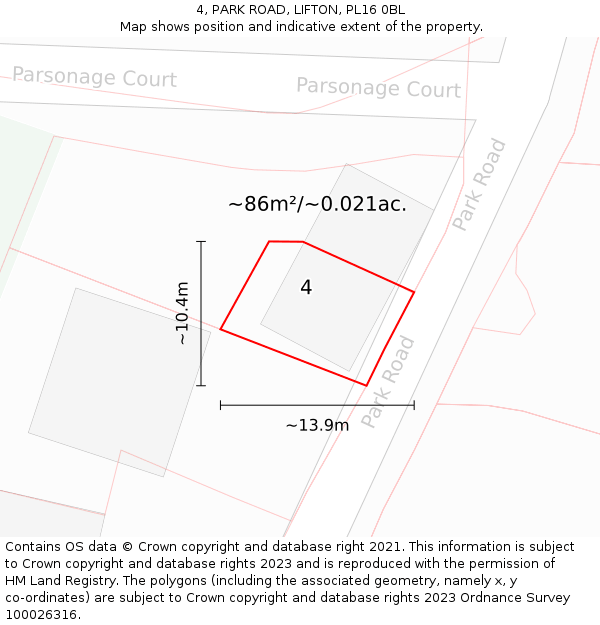 4, PARK ROAD, LIFTON, PL16 0BL: Plot and title map