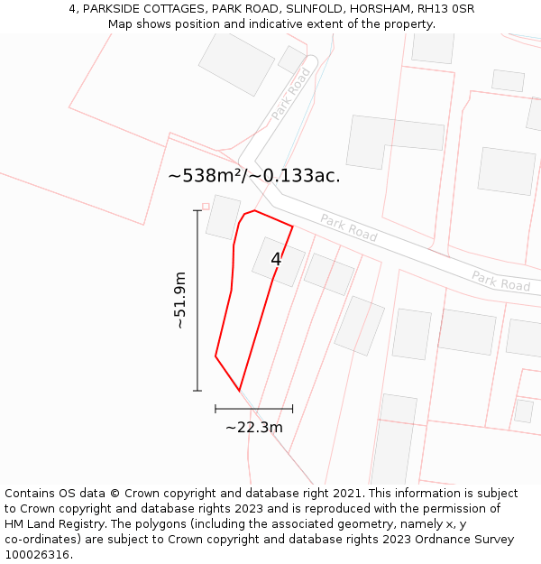 4, PARKSIDE COTTAGES, PARK ROAD, SLINFOLD, HORSHAM, RH13 0SR: Plot and title map