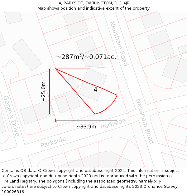 4, PARKSIDE, DARLINGTON, DL1 4JP: Plot and title map