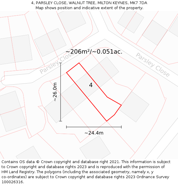 4, PARSLEY CLOSE, WALNUT TREE, MILTON KEYNES, MK7 7DA: Plot and title map