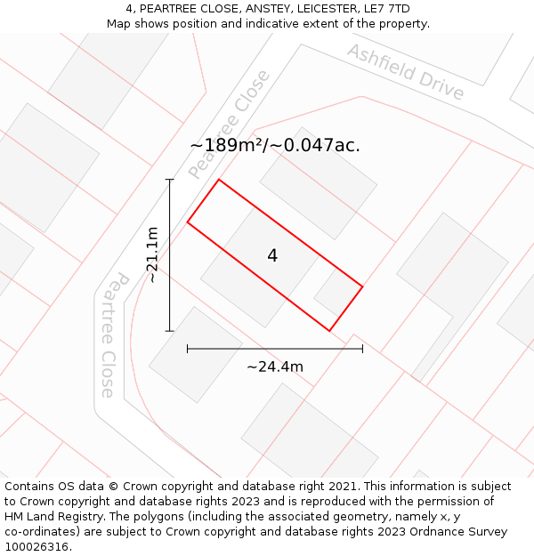 4, PEARTREE CLOSE, ANSTEY, LEICESTER, LE7 7TD: Plot and title map