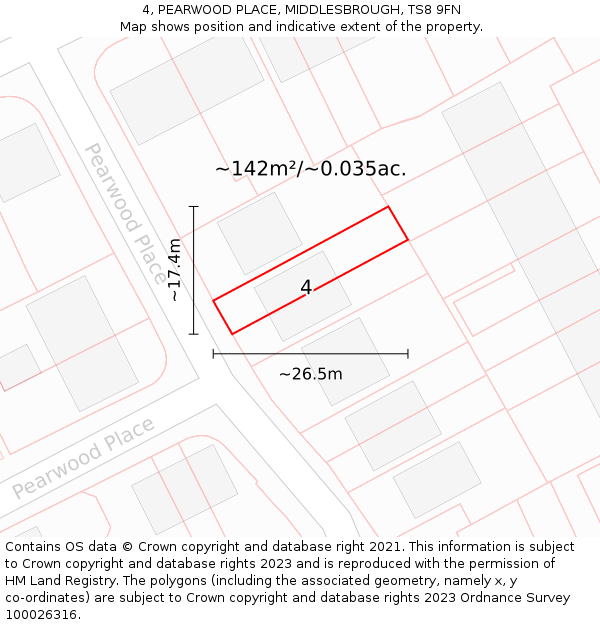 4, PEARWOOD PLACE, MIDDLESBROUGH, TS8 9FN: Plot and title map