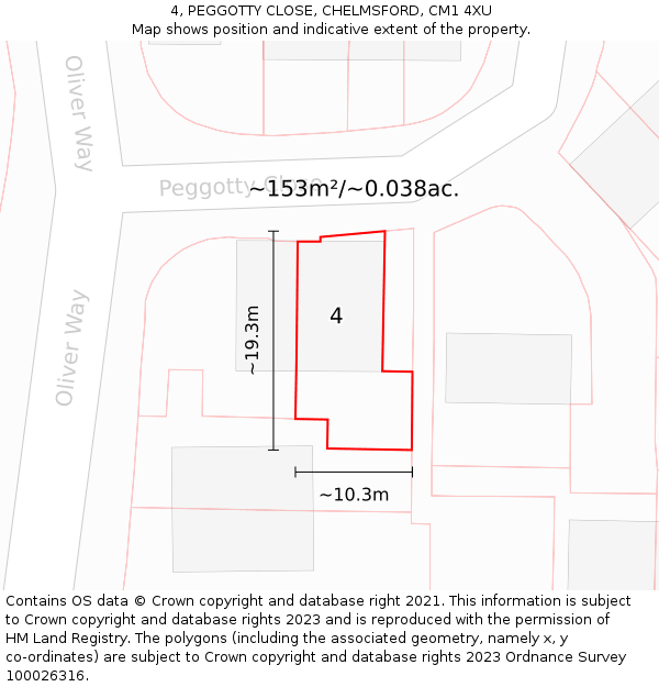 4, PEGGOTTY CLOSE, CHELMSFORD, CM1 4XU: Plot and title map