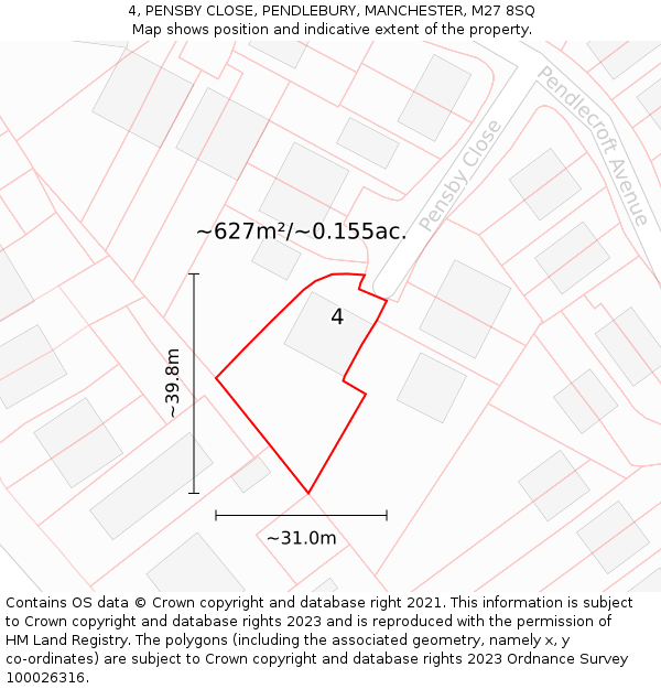 4, PENSBY CLOSE, PENDLEBURY, MANCHESTER, M27 8SQ: Plot and title map