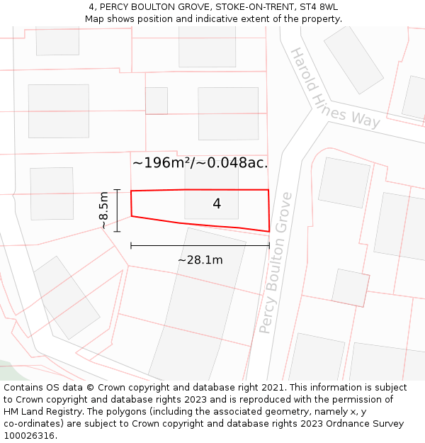 4, PERCY BOULTON GROVE, STOKE-ON-TRENT, ST4 8WL: Plot and title map