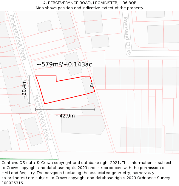 4, PERSEVERANCE ROAD, LEOMINSTER, HR6 8QR: Plot and title map