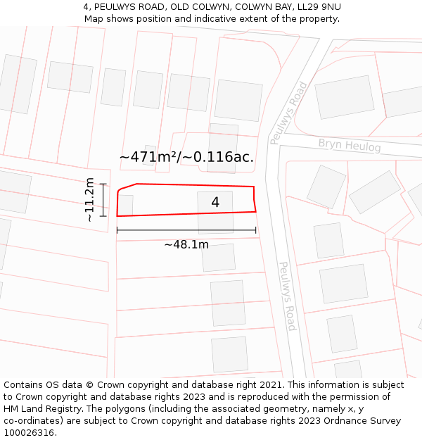 4, PEULWYS ROAD, OLD COLWYN, COLWYN BAY, LL29 9NU: Plot and title map