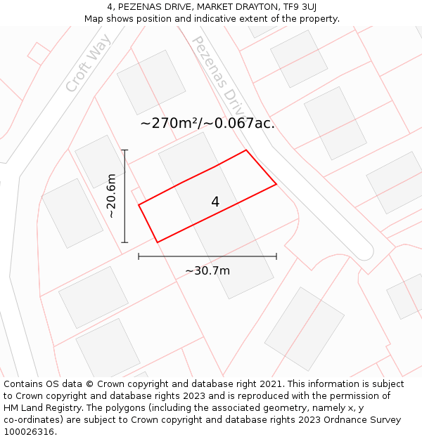 4, PEZENAS DRIVE, MARKET DRAYTON, TF9 3UJ: Plot and title map