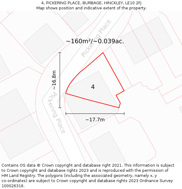 4, PICKERING PLACE, BURBAGE, HINCKLEY, LE10 2FJ: Plot and title map