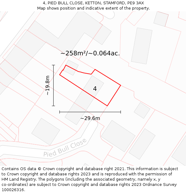 4, PIED BULL CLOSE, KETTON, STAMFORD, PE9 3AX: Plot and title map