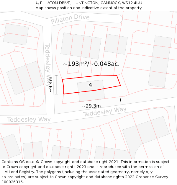 4, PILLATON DRIVE, HUNTINGTON, CANNOCK, WS12 4UU: Plot and title map