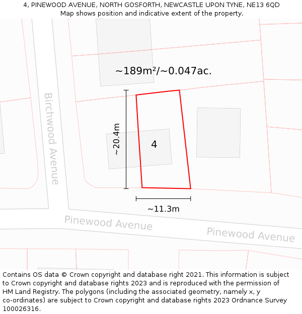 4, PINEWOOD AVENUE, NORTH GOSFORTH, NEWCASTLE UPON TYNE, NE13 6QD: Plot and title map