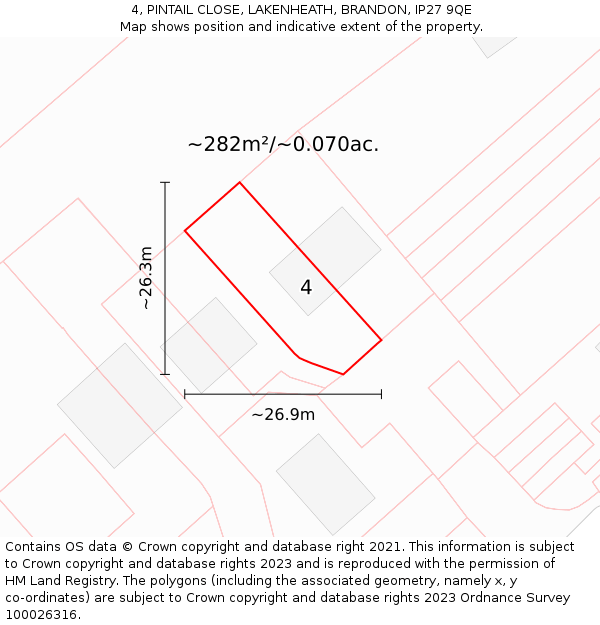 4, PINTAIL CLOSE, LAKENHEATH, BRANDON, IP27 9QE: Plot and title map