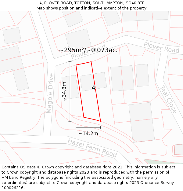 4, PLOVER ROAD, TOTTON, SOUTHAMPTON, SO40 8TF: Plot and title map