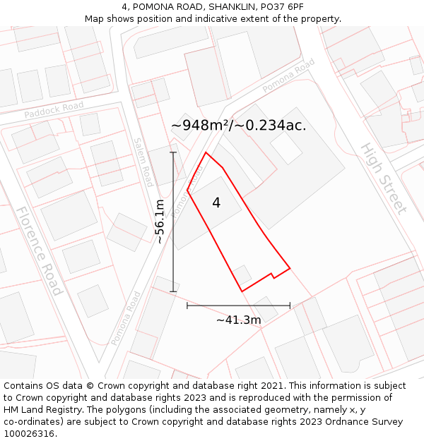 4, POMONA ROAD, SHANKLIN, PO37 6PF: Plot and title map