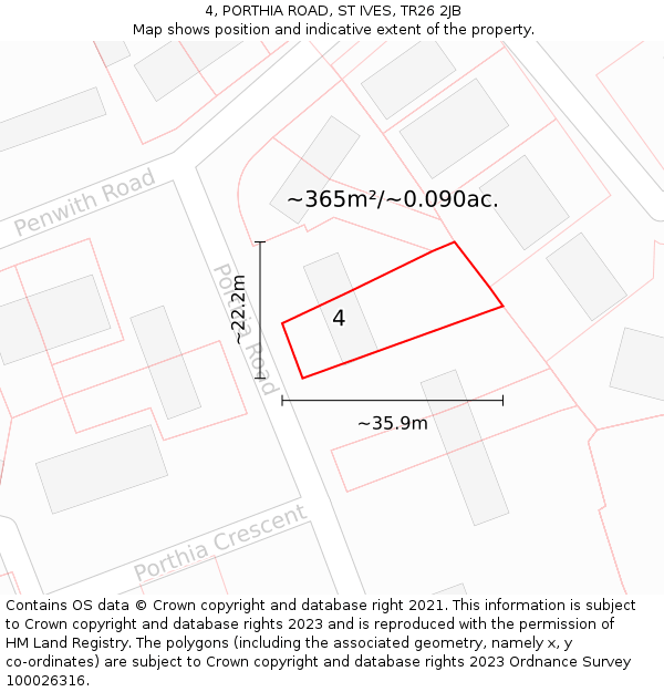 4, PORTHIA ROAD, ST IVES, TR26 2JB: Plot and title map