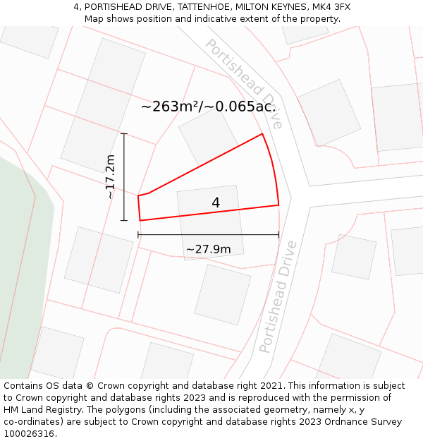 4, PORTISHEAD DRIVE, TATTENHOE, MILTON KEYNES, MK4 3FX: Plot and title map