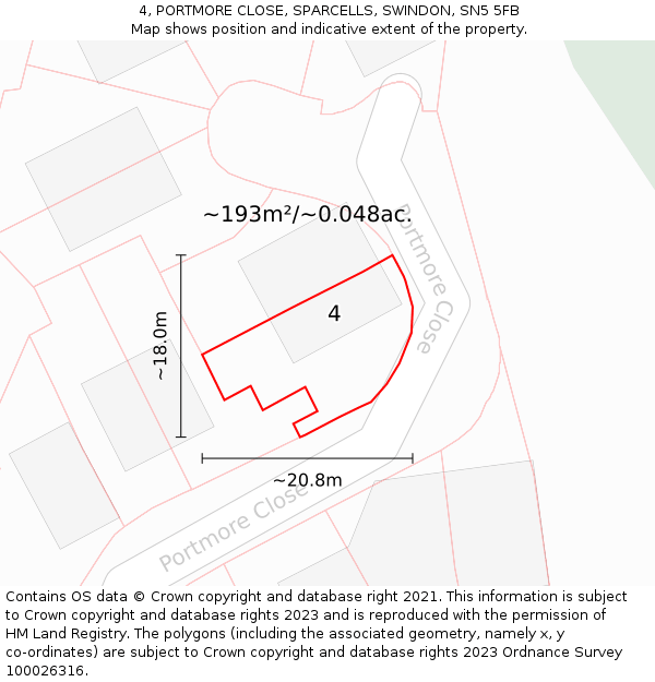 4, PORTMORE CLOSE, SPARCELLS, SWINDON, SN5 5FB: Plot and title map