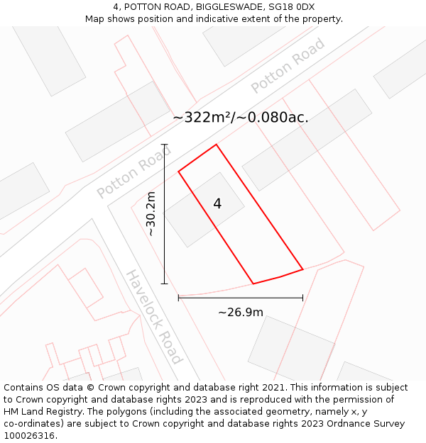 4, POTTON ROAD, BIGGLESWADE, SG18 0DX: Plot and title map