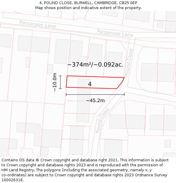 4, POUND CLOSE, BURWELL, CAMBRIDGE, CB25 0EP: Plot and title map