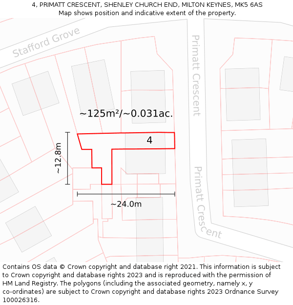 4, PRIMATT CRESCENT, SHENLEY CHURCH END, MILTON KEYNES, MK5 6AS: Plot and title map