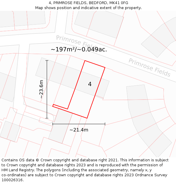 4, PRIMROSE FIELDS, BEDFORD, MK41 0FG: Plot and title map