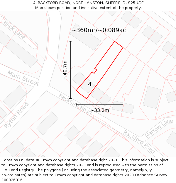 4, RACKFORD ROAD, NORTH ANSTON, SHEFFIELD, S25 4DF: Plot and title map