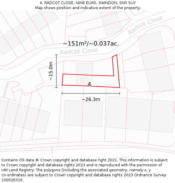 4, RADCOT CLOSE, NINE ELMS, SWINDON, SN5 5UY: Plot and title map