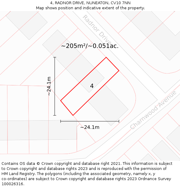 4, RADNOR DRIVE, NUNEATON, CV10 7NN: Plot and title map