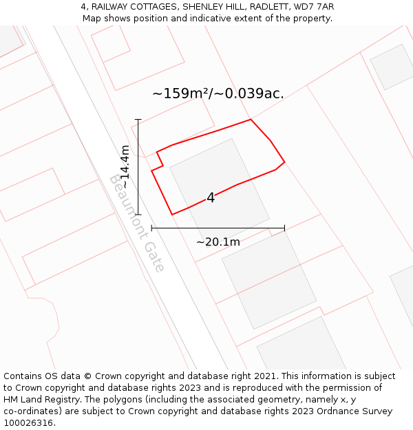 4, RAILWAY COTTAGES, SHENLEY HILL, RADLETT, WD7 7AR: Plot and title map