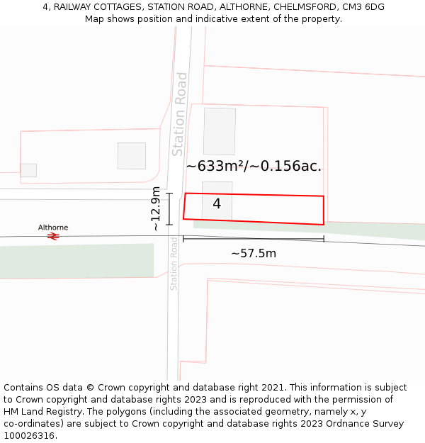 4, RAILWAY COTTAGES, STATION ROAD, ALTHORNE, CHELMSFORD, CM3 6DG: Plot and title map